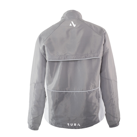 Gray jacket with a brand logo on the back against a white background