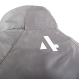 Gray jacket with a white logo on the back against a white background