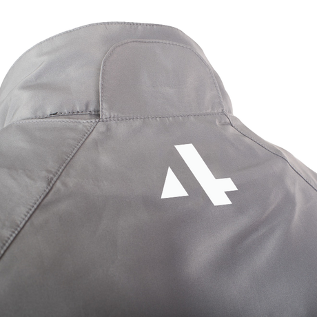 Gray jacket with a white logo on the back against a white background