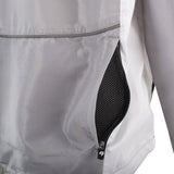 Close-up of a gray jacket with a black mesh pocket on a white background