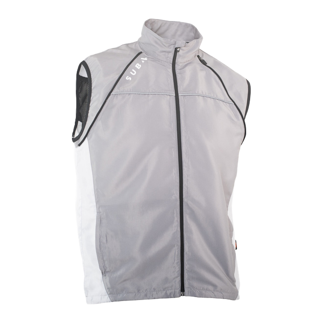 Gray vest with black zipper and accents on a white background
