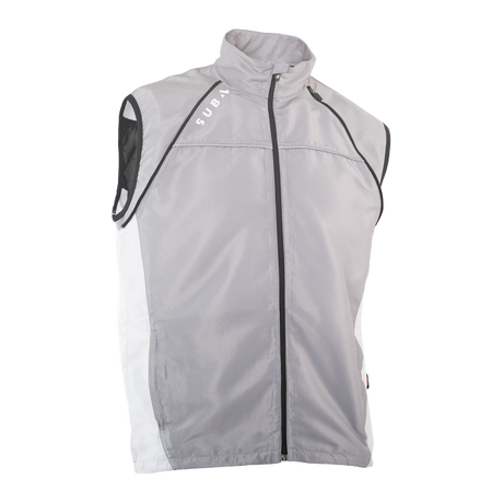 Gray vest with black zipper and accents on a white background